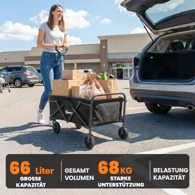 Outsunny Bolderkar Opvouwbare Transportkar met Verstelbare Handgreephoogte tot 68 kg Draagcapaciteit voor Sport Winkelen Camping Zwart
