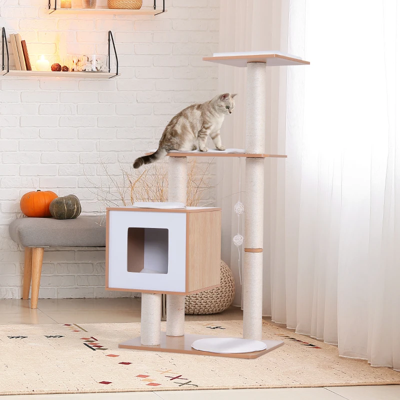 PawHut Kattenkrabboom kattenspeelgoed klimboom Sisal ligvlak natuur met bal
