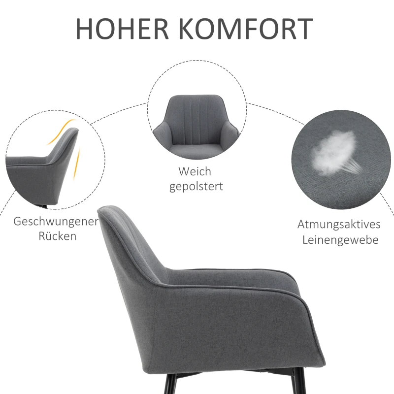 HOMCOM 2 eetkamerstoelen stoelen voor eetkamer met rugleuning en armleuningen linnen donkergrijs(m-5)