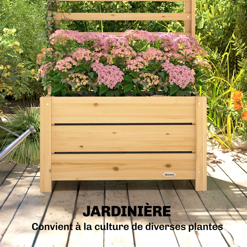 Outsunny Jardinière avec treillis, bac à fleurs avec brise-vue, trou de drainage et doublure intérieure, 60 x 39 x 120 cm, bois naturel