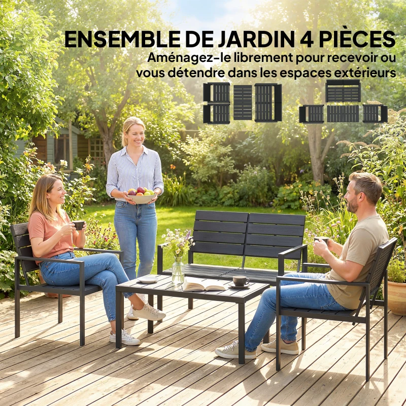 Outsunny Salon de jardin extérieur 4 pièces canapé 2 places, 2 chaises et table basse, mobilier de jardin terrasse veranda, noir