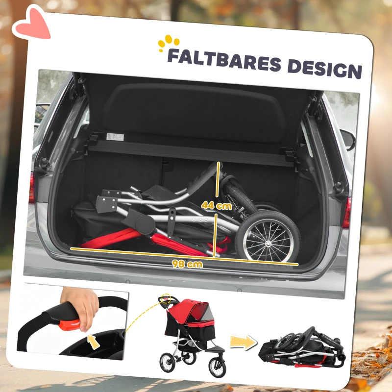 PawHut Hondentrolley hondenbuggy katten PetStroller met 3 wielen opvouwbaar Oxford rood(m-6)