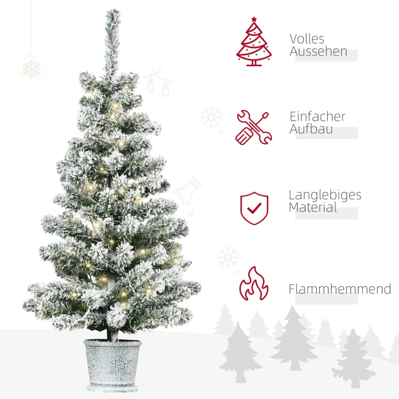 HOMCOM Mini-kerstboom Ø40x90 cm, Kunst Sneeuw, 60 LEDs, Brandvertragend, Kunststof, Groen/Wit