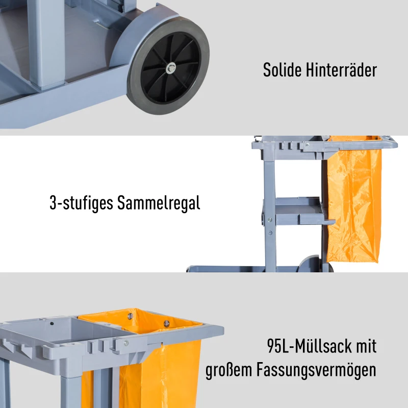 HOMCOM Schoonmaakwagen schoonmaaktrolley systeemwagen met vuilniszak 3 vakken, grijs