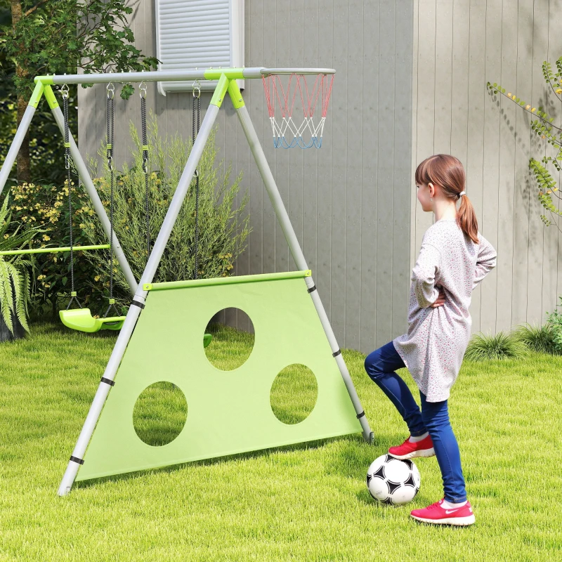 AIYAPLAY Schaukelset für Kinder, 2 Schaukelsitze, 1 Basketballkorb, 1 Fußballtor, Metallrahmen, Grün