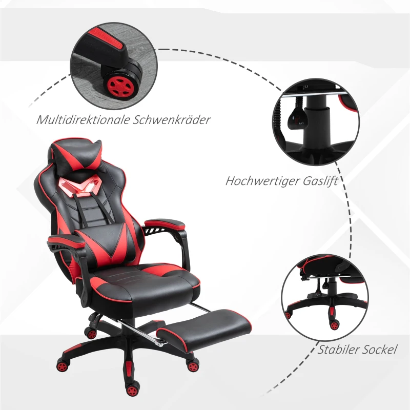 Vinsetto Ergonomische kantoorstoel gamestoel draaistoel verstelbare rugleuning rood