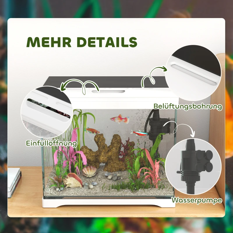 PawHut Aquarium, 17 L Tropenfischaquarium, leichte Pflege, klare Sicht, mit LED-Leuchten, 35L x 21B x 31H cm, Weiß+Schwarz