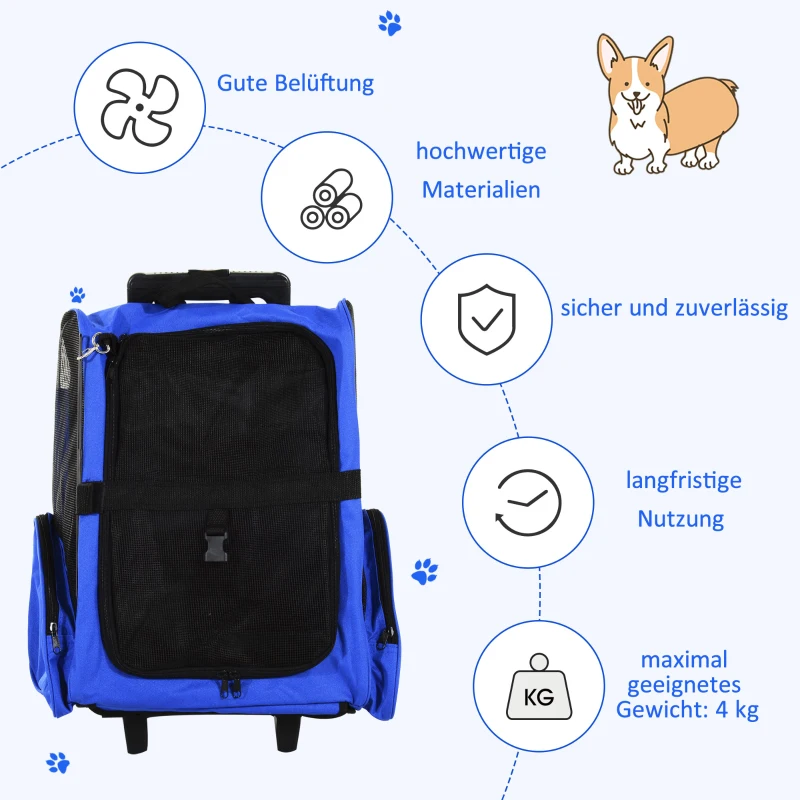 PawHut Hondentrolley transporttas draagtas dieren 2-in-1 rugzak trolley blauw