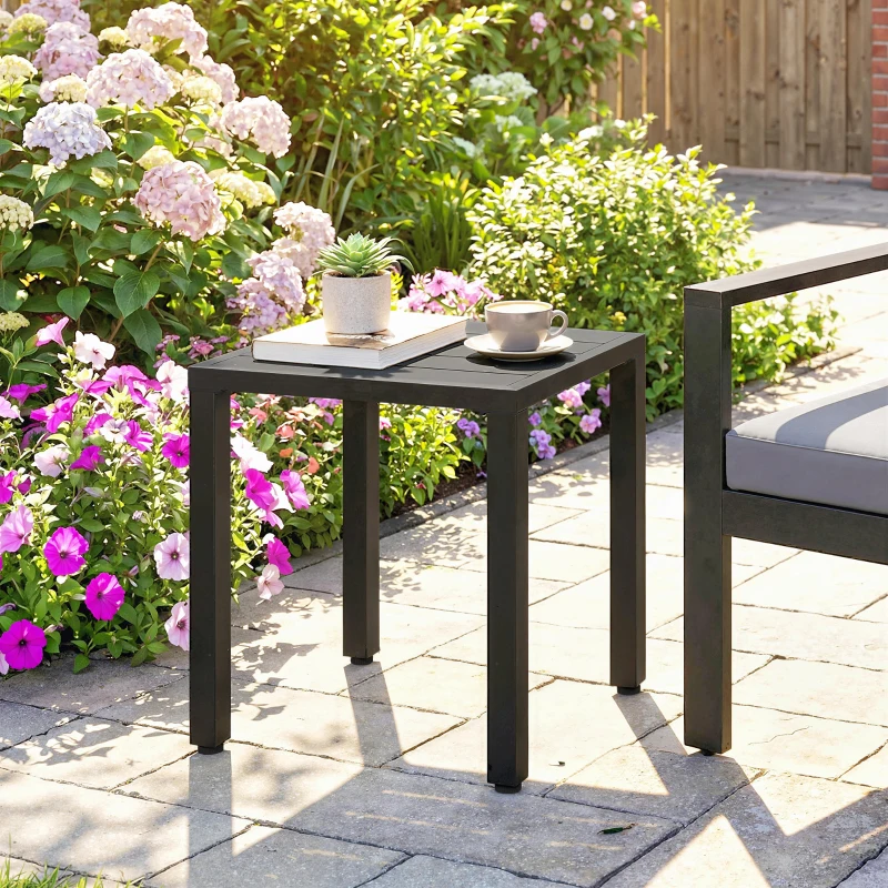 Outsunny Table de jardin carrée, table de terrasse, cadre en métal, intérieur et extérieur, pour balcon, porche, patio, noir