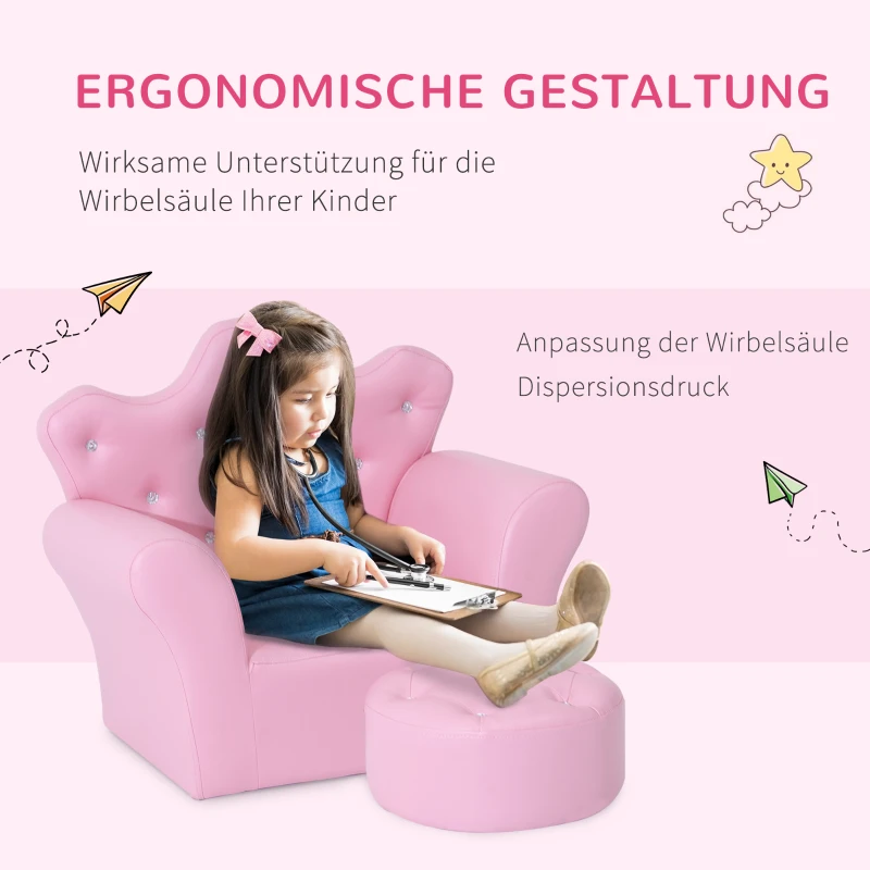 HOMCOM Kinderstoel kinderbank zachte kinderbank voor meisjes met kristallen knopen kruk roze