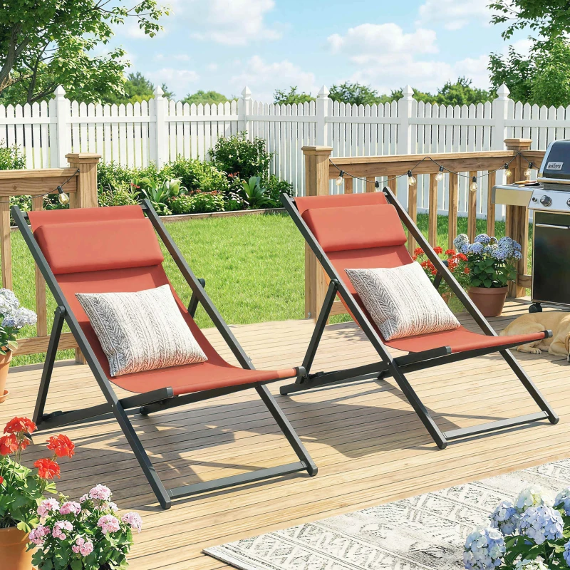 Outsunny Lot de 2 bain de soleil, chaise longue pliante avec appuie-tête en textilène inclinable 60 x 100 x 85 cm, rouge brique