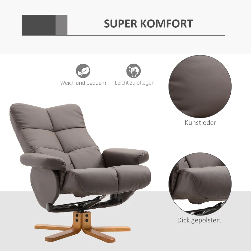 HOMCOM Relaxstoel met kruk tv-stoel 360° draaibaar ligfunctie hout bruin(m-6)