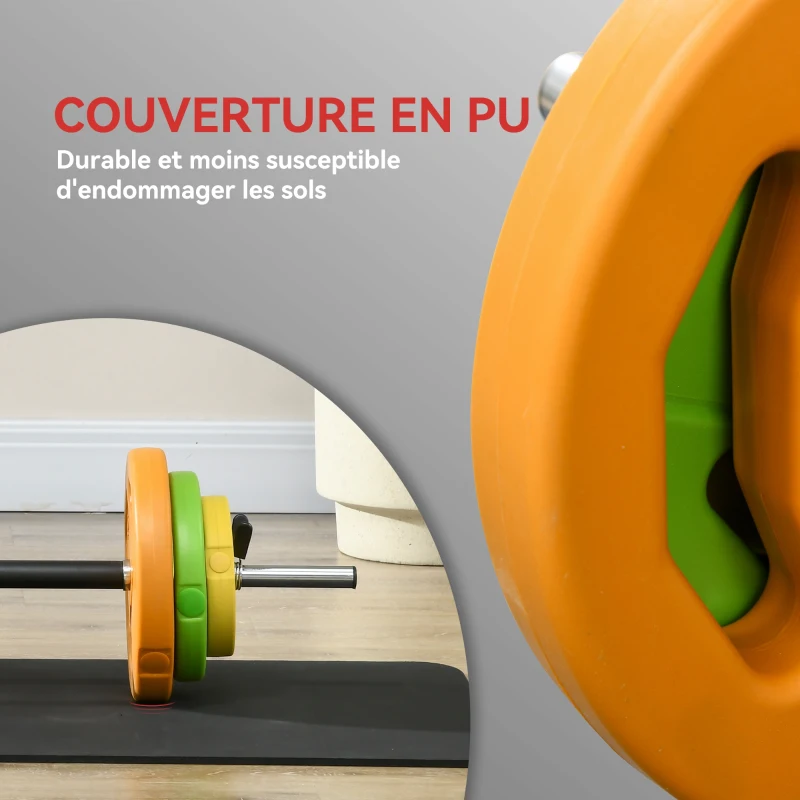 HOMCOM Ensemble haltères et barre 20 kg avec 6 haltères disques de 1,5 kg, 2,5 kg et 5 kg gym musculation orange vert et jaune