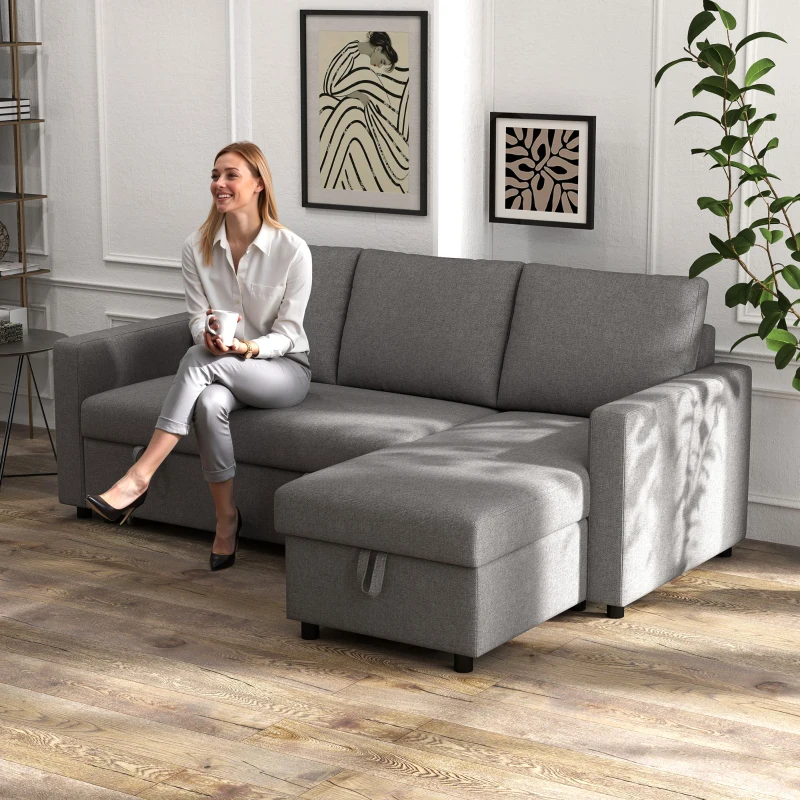 HOMCOM hoekbank met slaapfunctie opbergruimte Slaapbank met chaise longue L-vorm