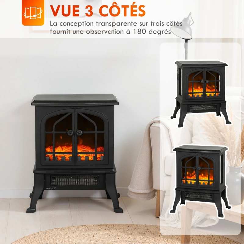 HOMCOM Cheminée électrique avec effet flamme 3D, 1800/900 W, fausse cheminée décorative, thermostat réglable, 39x24x48cm, noir