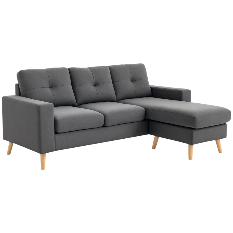 HOMCOM Hoekbank in Scandinavisch design, met knoopdetail, massief hout, linnenlook, Grijs(m-11)