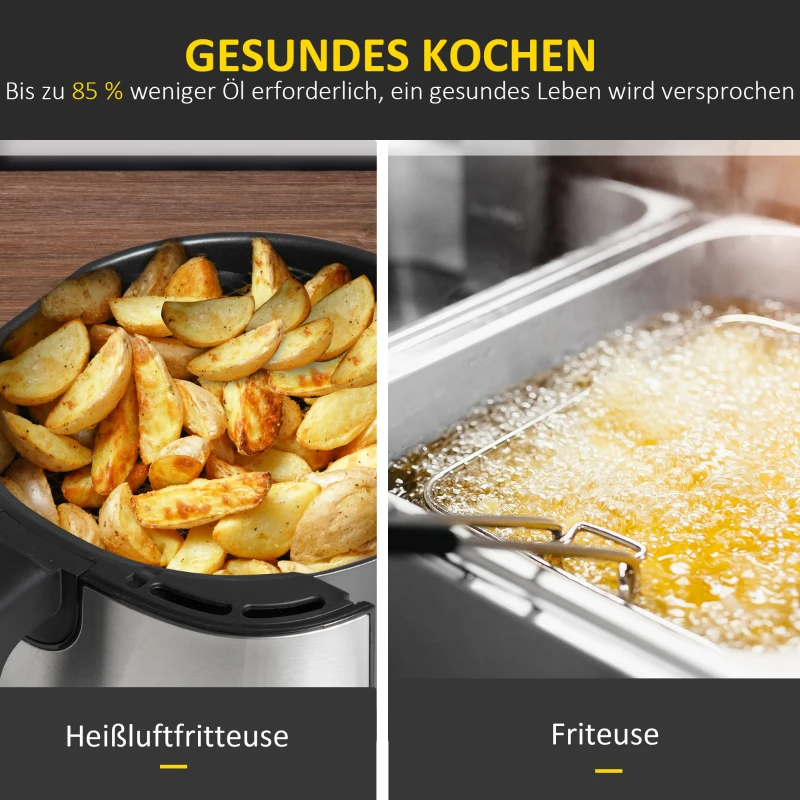 HOMCOM heteluchtfriteuse 6,5 L 1700W met 8 menu's LED-display Mand met antiaanbaklaag voor gezond vetarm koken zonder olie Zwart 36.5 x 29 x 33.8 cm | aosoom
