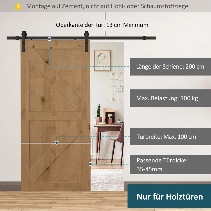 HOMCOM Glijrailskit voor Schuifdeuren, max. 100 kg Belastbaarheid, Metaal, Zwart, 2 m, Zwart