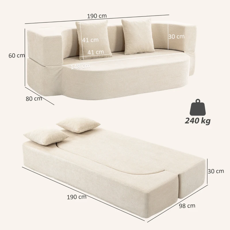 HOMCOM Canapea extensibilă 2 locuri, canapea-pat din chenille 190 cm, spătar rabatabil, șezut și cotiere late, bej