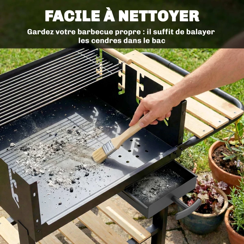 Outsunny Chariot à barbecue de bois avec 2 grilles réglables, barbecue au charbon de bois sur roulettes, tablette latérale, noir