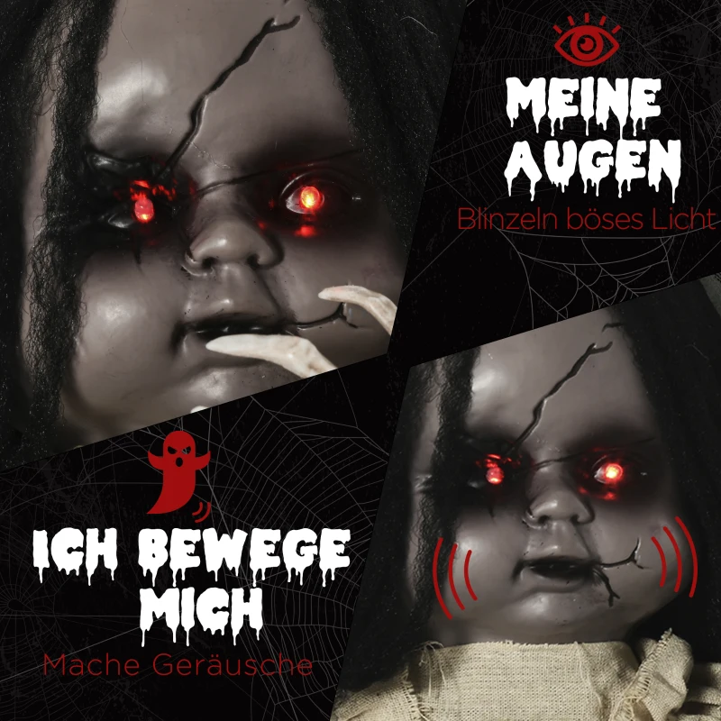 Outsunny Halloween-decoratie van 83 cm Bewegende spookpop met speciale effecten en geluidsfunctie, rode ogen met kroonluchters, gemotoriseerde wielen, horrorpop