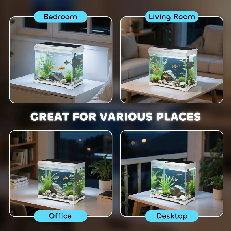 PawHut Aquarium, 17 L Tropenfischaquarium, leichte Pflege, klare Sicht, mit LED-Leuchten, 35L x 21B x 31H cm, Weiß+Schwarz