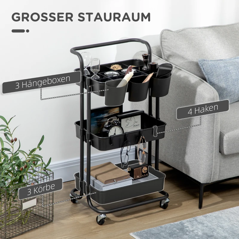 HOMCOM Rolwagen met 3 niveaus, opbergmanden, haken, bijzetwagen voor keuken of woonkamer, Stahl, Kunststoff, Schwarz