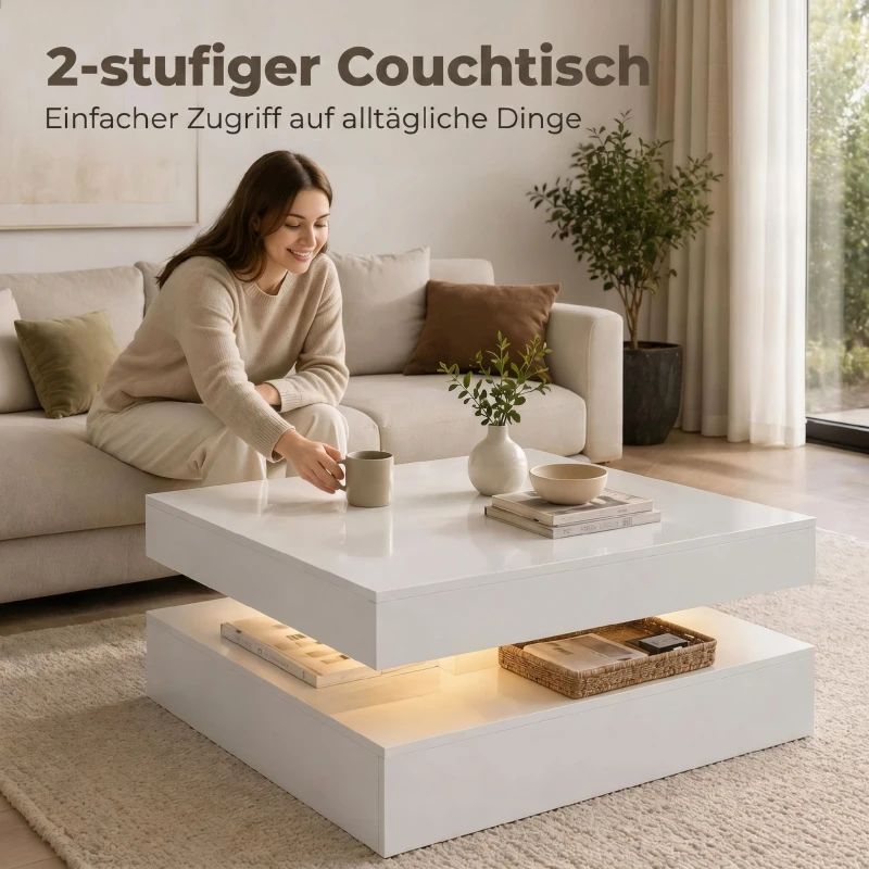 HOMCOM LED-salontafel met opbergruimte, 2-laags modern tafelontwerp met open plank en afstandsbediening, hoogglans wit