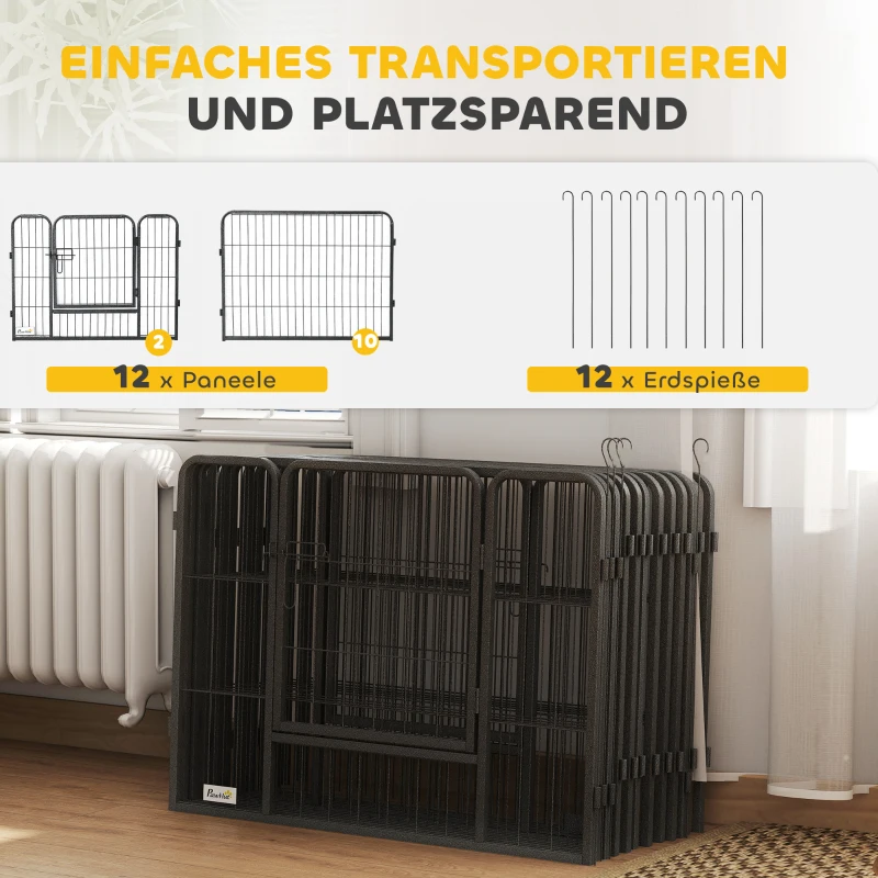 PawHut Huisdieromheining, puppyren, puppyhek, 12 panelen, voor binnen en buiten, zwart