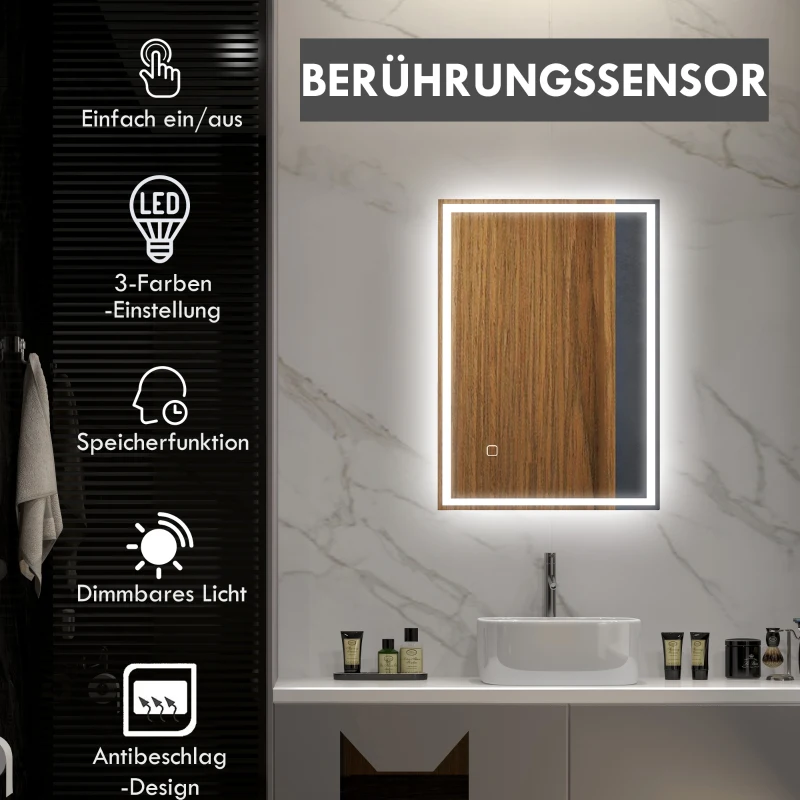 HOMCOM Badkamerspiegel met LED-verlichting en aanraakschakelaar, wit