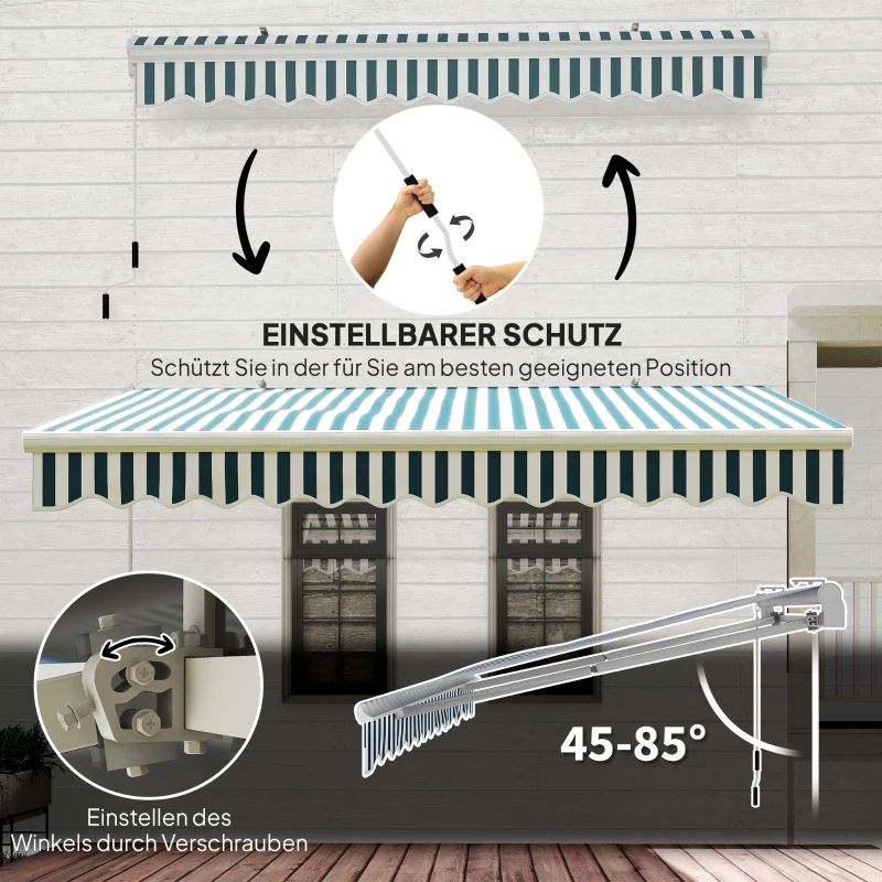 Outsunny handmatige knikarmluifel 395 cm luifel met handslinger balkonluifel zonwering wandmontage balkon aluminium wit, groen 395 x 245 cm | Aosom