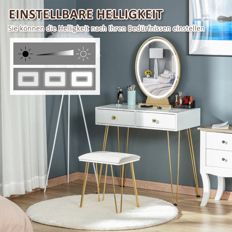 HOMCOM make-uptafel met kruk wit messing 80 cm x 40 cm x 136 cm