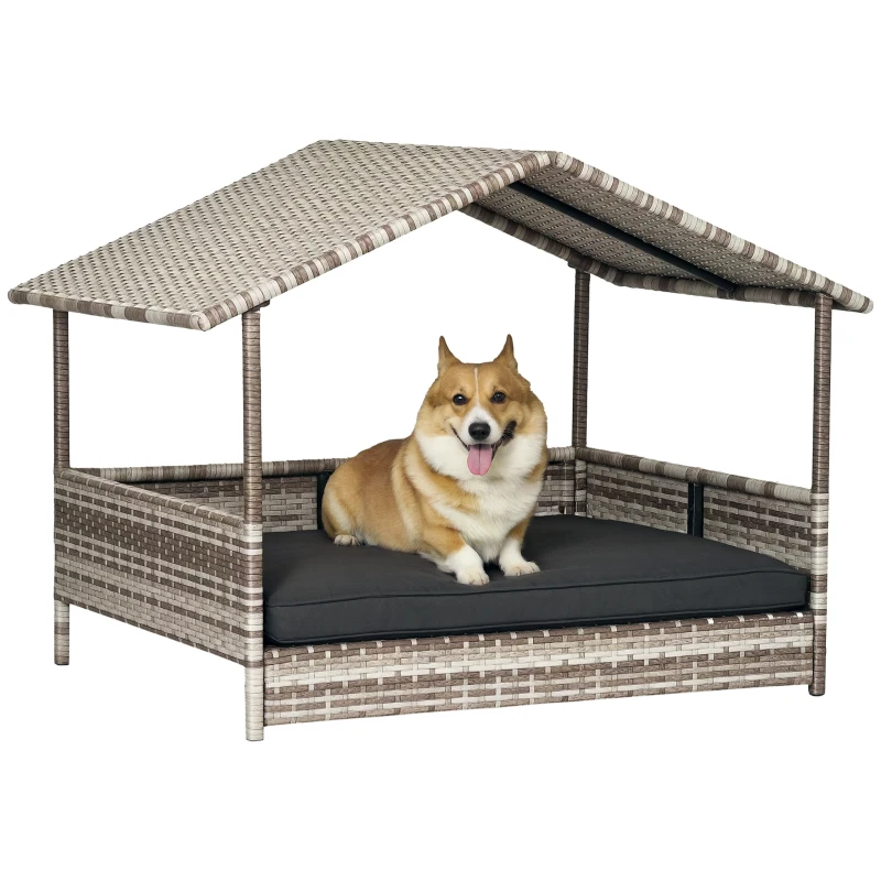 PawHut Hondenkennel Huisdierbed Hondenmand, weerbestendig, afneembaar kussen, Grijs