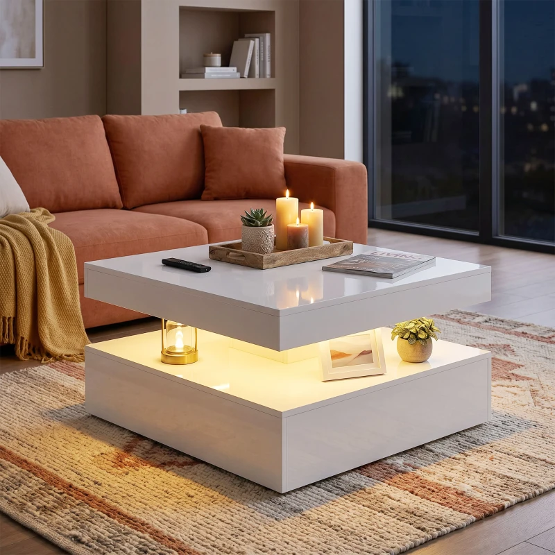 HOMCOM LED-salontafel met opbergruimte, 2-laags modern tafelontwerp met open plank en afstandsbediening, hoogglans wit