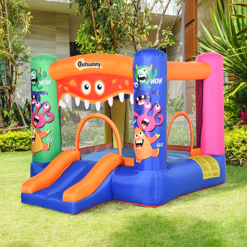 Outsunny Zelfopblazende Springkasteel, met Blower, Patches, Bevestigingsmateriaal, 250 cm x 180 cm x 175 cm, Meerkleurig
