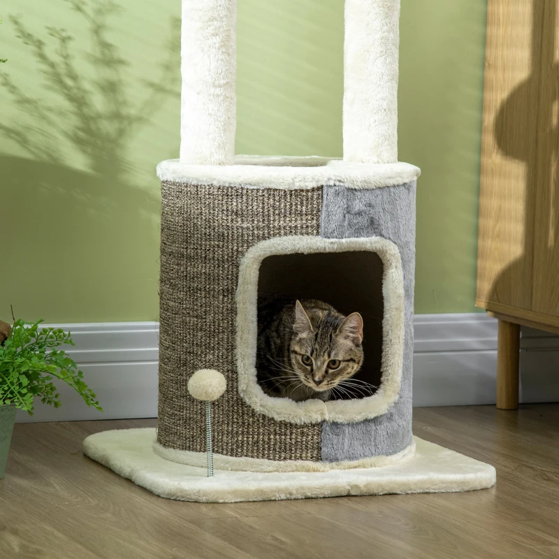 PawHut kattenboom met kattengrot, twee platforms, twee krabpalen, pluche hoes, roomwit, 48 x 48 x 110 cm