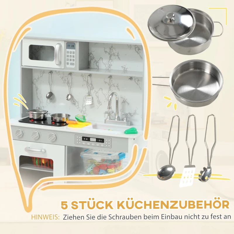 AIYAPLAY Kinderkeuken met elektrisch fornuis, magnetron, spoelbak & kraan | Speelkeuken met pannenset | Speelgoed voor jongens & meisjes 3-8 jaar | Wit