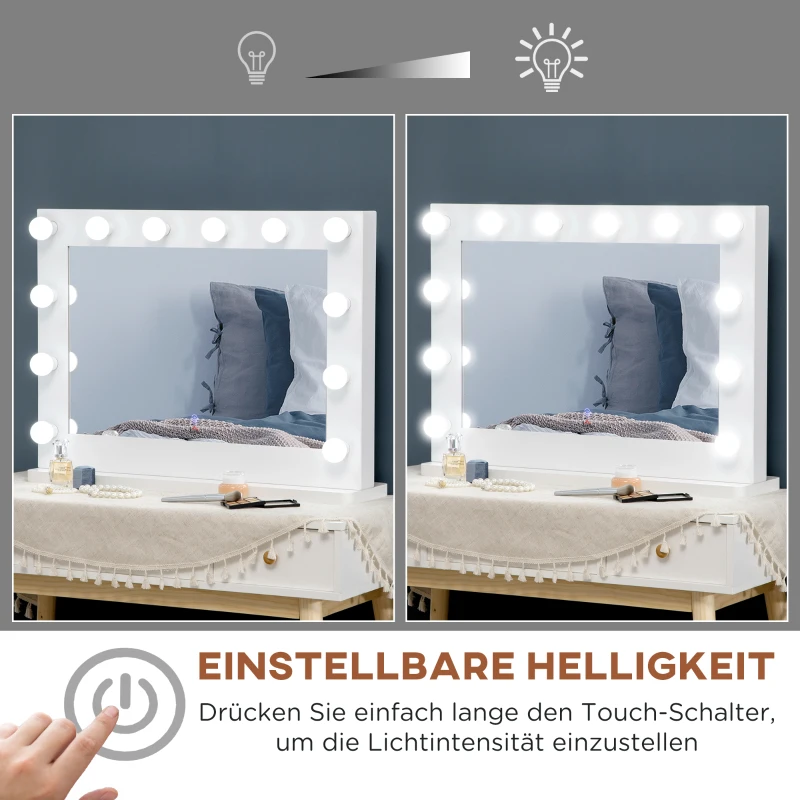 HOMCOM Hollywoodspiegel met verlichting, aanraakbediening, geheugenfunctie, 12 dimbare LED-lampen, wit, 80 x 60 cm