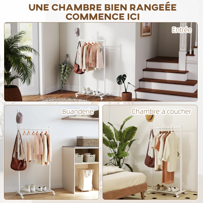 HOMCOM Portant à vêtements, porte-manteau sur roulettes avec étagère à chaussures et 5 crochets, 68 x 43 x 171 cm, blanc