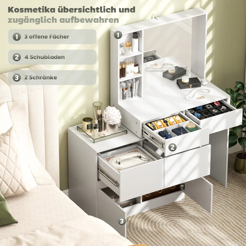 HOMCOM Schminktisch, Make-up-Tisch mit großem Spiegel, 4 Schubladen, 3 offene Fächer, 2 Schränke, MDF, Weiß(m-4)