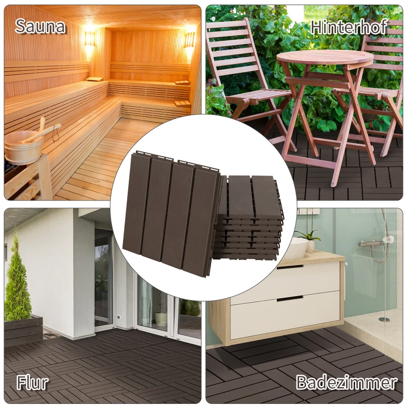Outsunny set van 9 vloertegels, klikmechanisme, houtnerf, bruin, 30 x 30 x 2 cm (afmetingen per tegel)