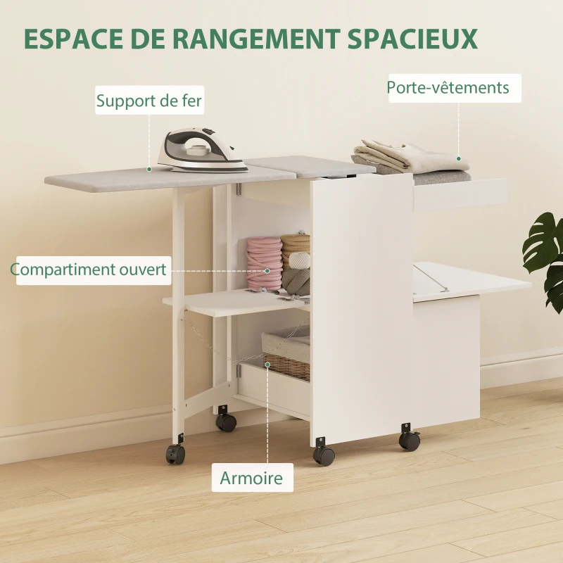 HOMCOM Meuble à repasser, table à repasser pliante sur roulettes avec portes par pression, charnières à fermeture douce, blanc