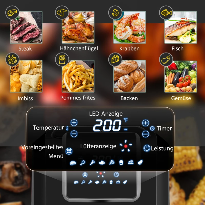 HOMCOM heteluchtfriteuse 6,5 L 1700W met 8 menu's LED-display Mand met antiaanbaklaag voor gezond vetarm koken zonder olie Zwart 36.5 x 29 x 33.8 cm | aosoom