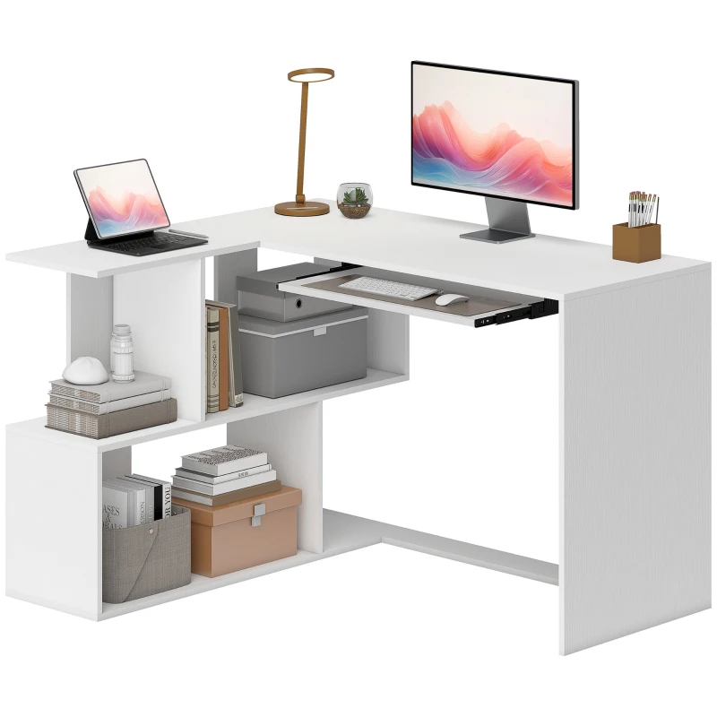 HOMCOM Escritorio en L, 120 x 100 x 76 cm, Escritorio informático en L con bandeja para teclado, 4 compartimentos abiertos, Blanco
