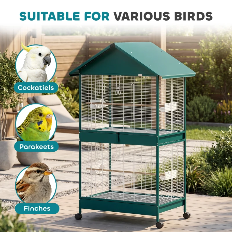 PawHut Cage à oiseaux sur roulettes avec séparateur amovible, 6 mangeoires et 4 perchoirs, 2 plateaux coulissants, pour perruches, cockatiels, canaris