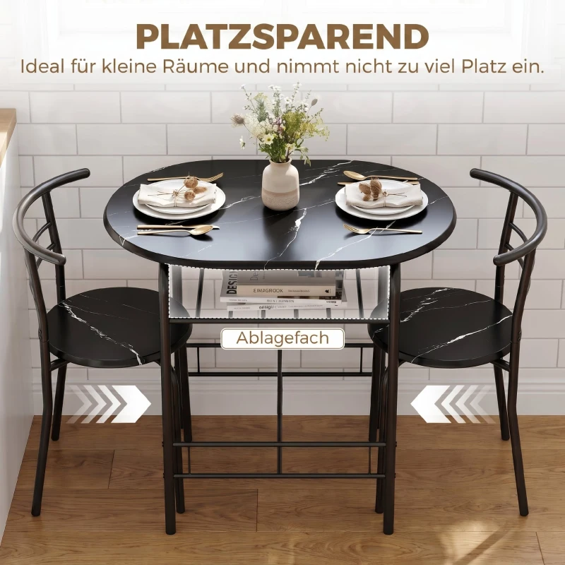 HOMCOM Eetset 3-delig, keukentafel en stoelen voor 2 personen met rek, woonkamer, zwarte marmerlook
