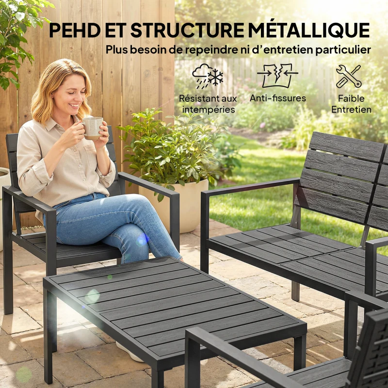 Outsunny Salon de jardin extérieur 4 pièces canapé 2 places, 2 chaises et table basse, mobilier de jardin terrasse veranda, noir