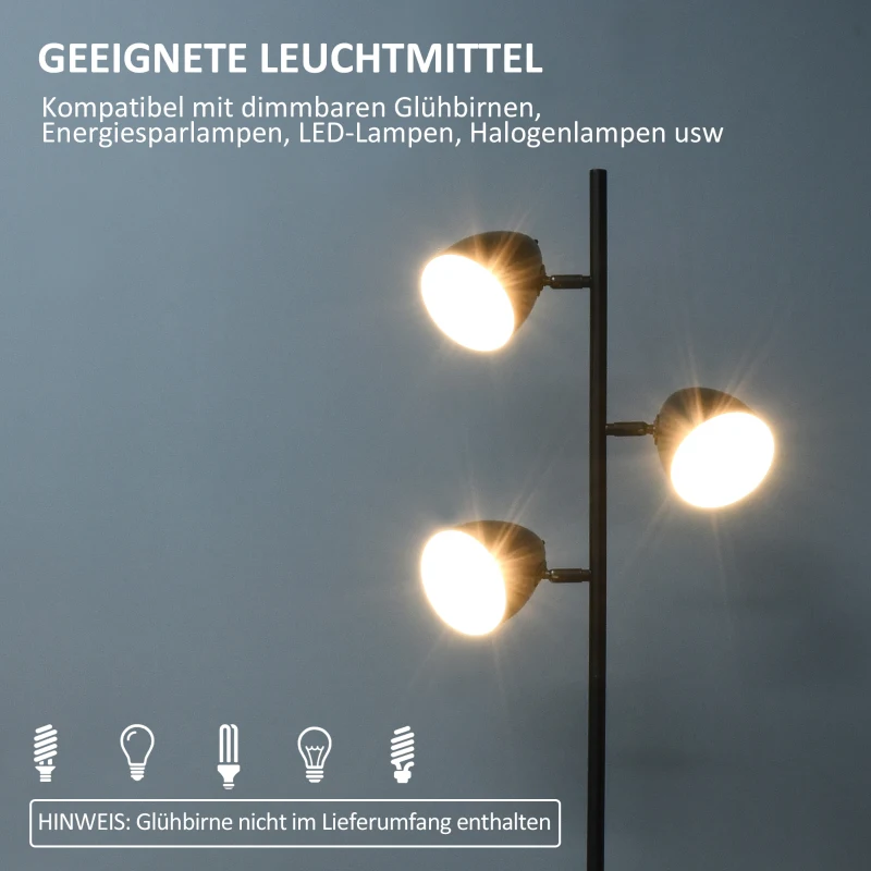 HOMCOM Stehlampe, Bodenlampe, 3 einstellbare Schirme, Metall, Schwarz