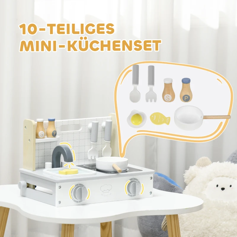 AIYAPLAY houten kinderkeuken speelkeuken met etenswaren, spoelbak & accessoires speelgoedkeuken poppenkeuken speelset voor kinderen cadeau voor meisjes en jongens 3-5 jaar grijs