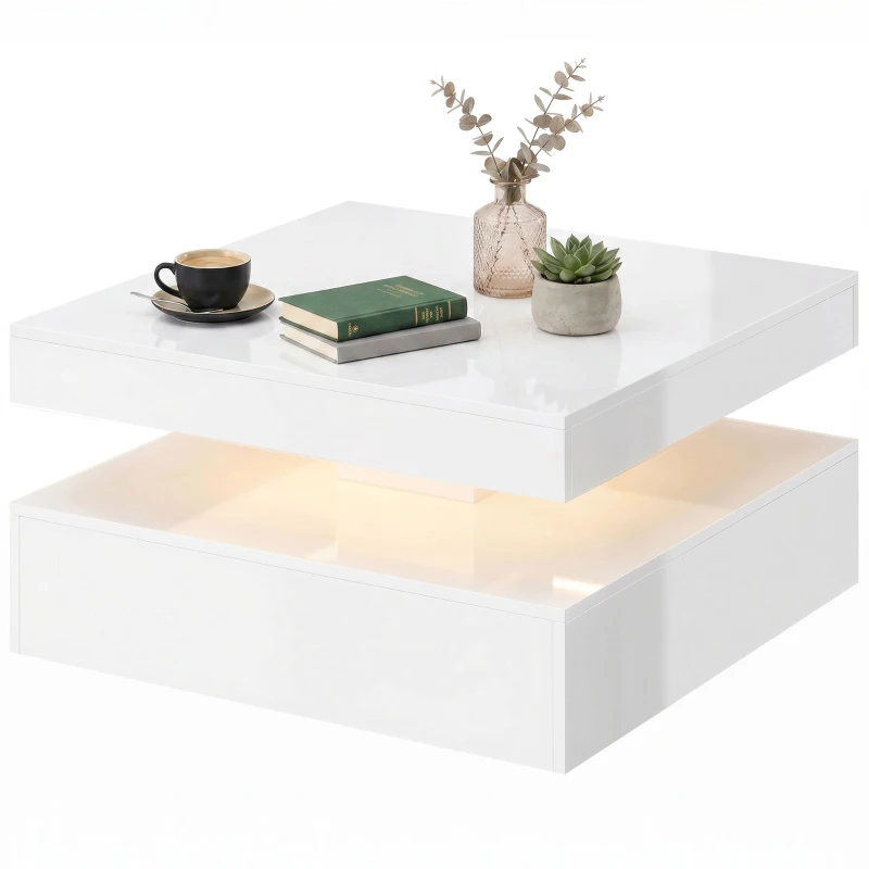 HOMCOM LED-salontafel met opbergruimte, 2-laags modern tafelontwerp met open plank en afstandsbediening, hoogglans wit